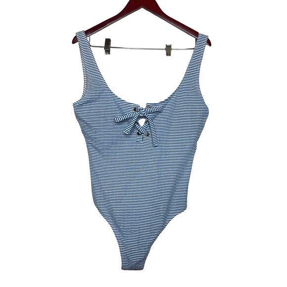 J. Crew Lace-up one-piece in faded blue stripe sz 14 - Picture 3 of 6